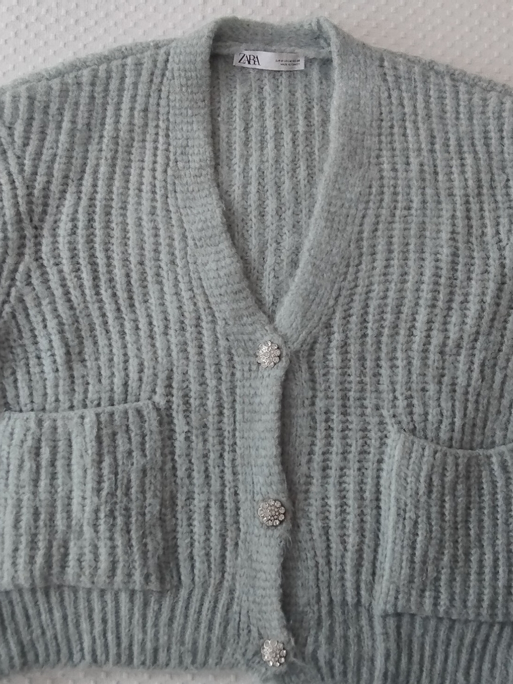Zara Light Blue Ribbed Knit Cardigan with Crystal Buttons